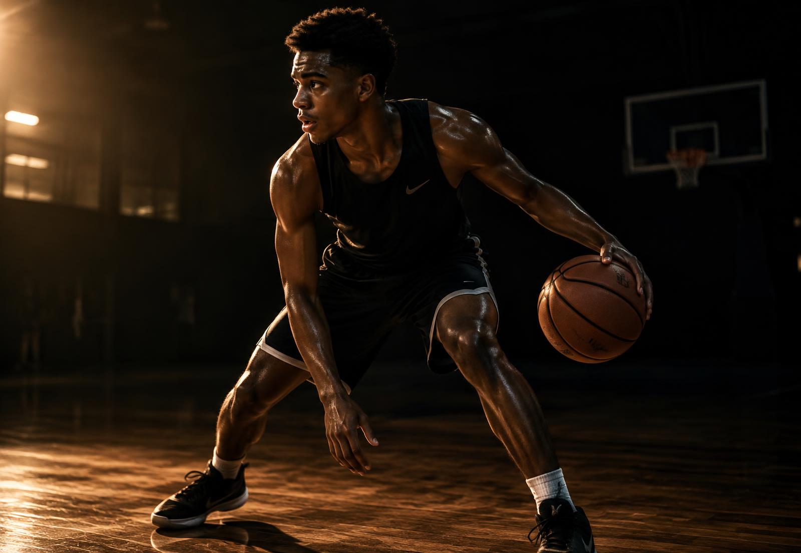 Basketball player training on a dark indoor court